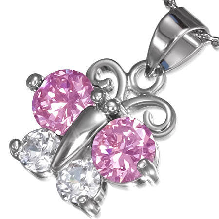 Fashion Alloy Crystal Round Circle Butterfly Charm Chain Necklace w/ Clear & Rose Pink CZ