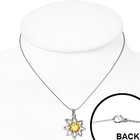Fashion Alloy Sun-Flower Charm Chain Necklace w/ Topaz CZ