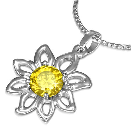 Fashion Alloy Sun-Flower Charm Chain Necklace w/ Topaz CZ