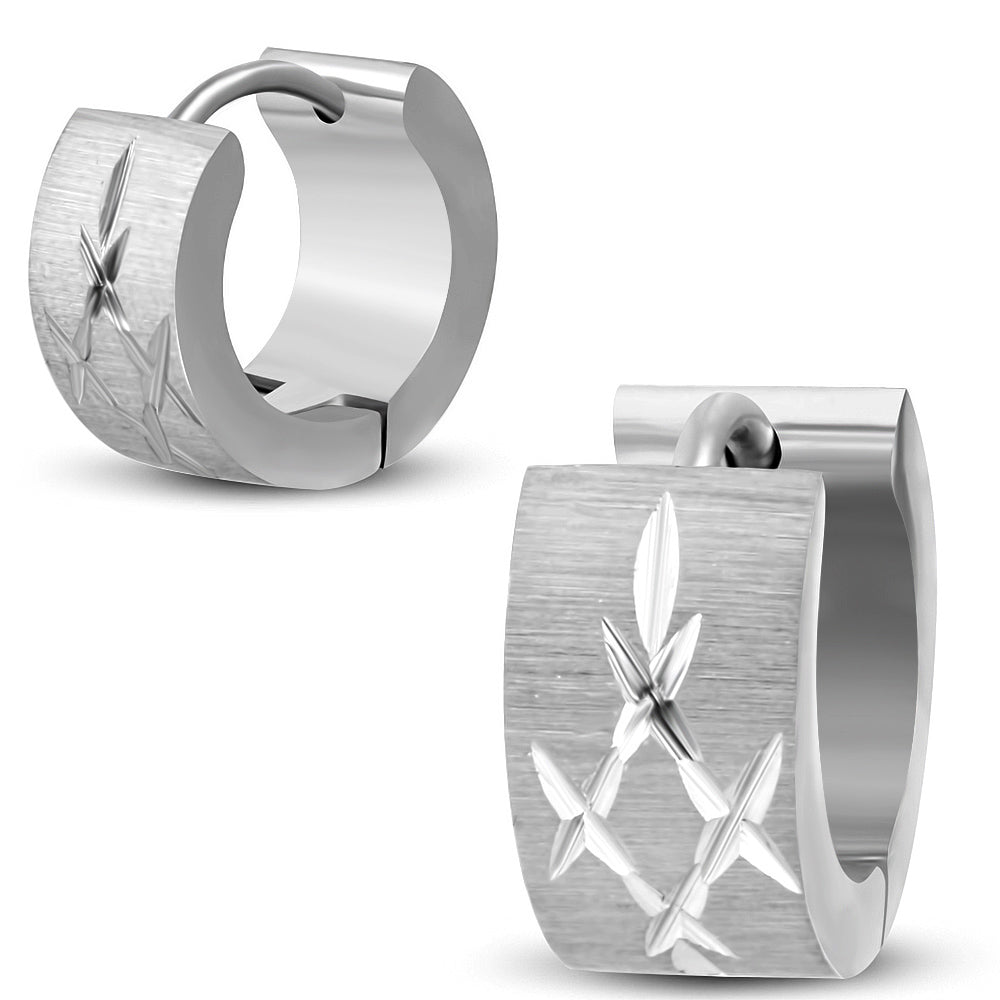 7mm | Stainless Steel Satin Finished Diamond-Cut Criss-Cross Hoop Huggie Earrings (pair)