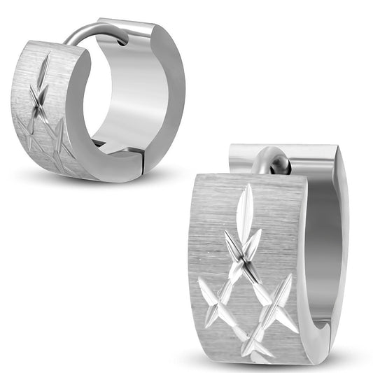 7mm | Stainless Steel Satin Finished Diamond-Cut Criss-Cross Hoop Huggie Earrings (pair)
