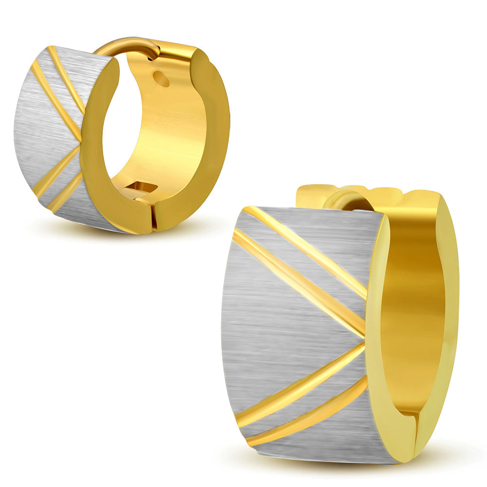 7mm | Stainless Steel Satin Finished 2-tone Diamond-Cut Triangle Hoop Huggie Earrings (pair)