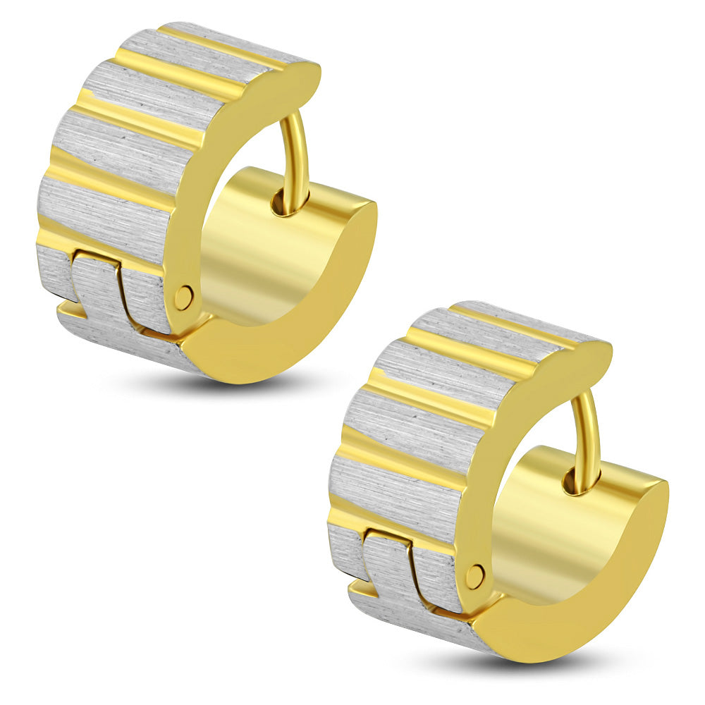 7mm | Stainless Steel Satin Finished 2-tone Diamond-Cut Hoop Huggie Earrings (pair)
