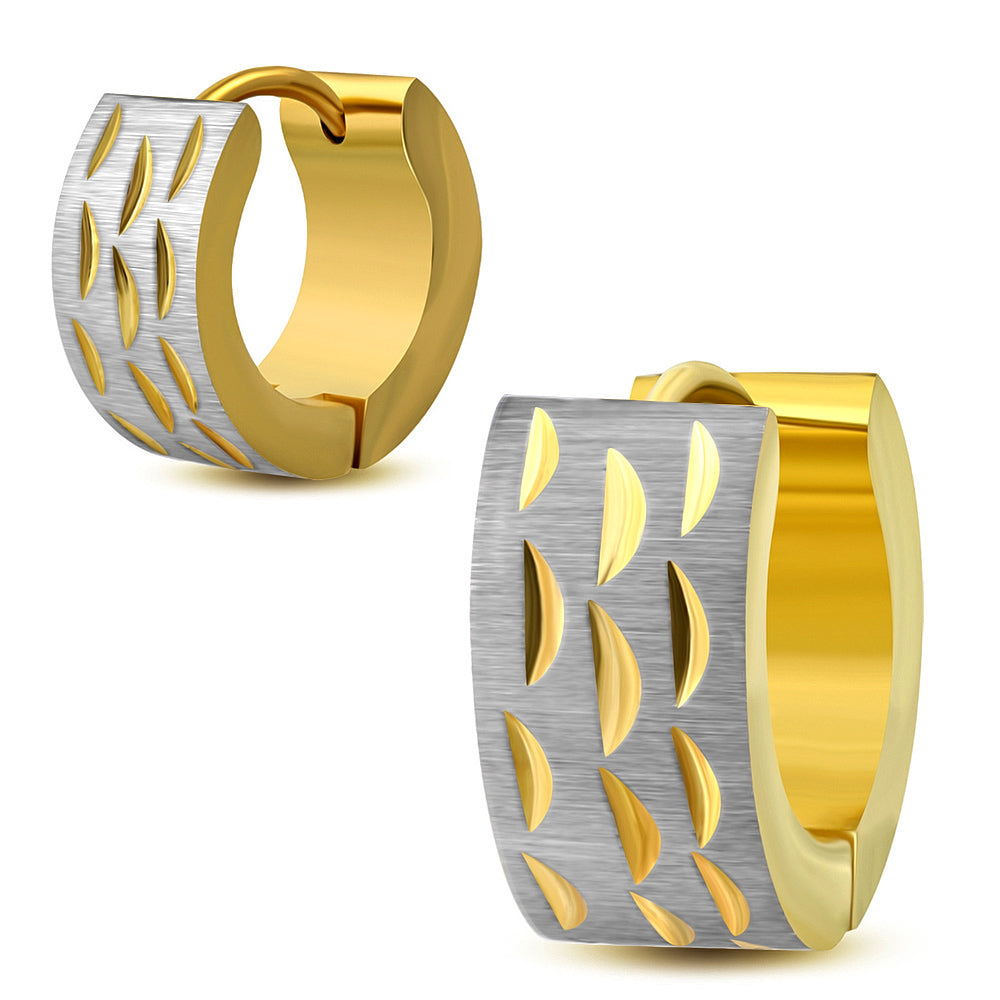 7mm | Stainless Steel Satin Finished 2-tone Diamond-Cut Half-Moon Crescent Hoop Huggie Earrings (pair)