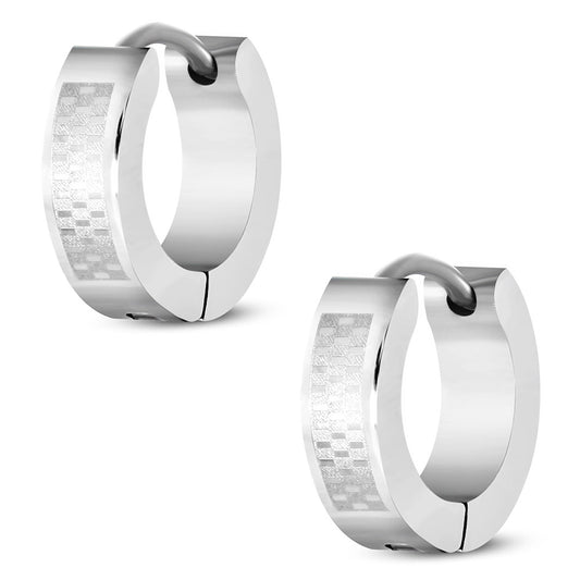 4mm | Stainless Steel Laser Print Grid/ Checker Hoop Huggie Earrings (pair)