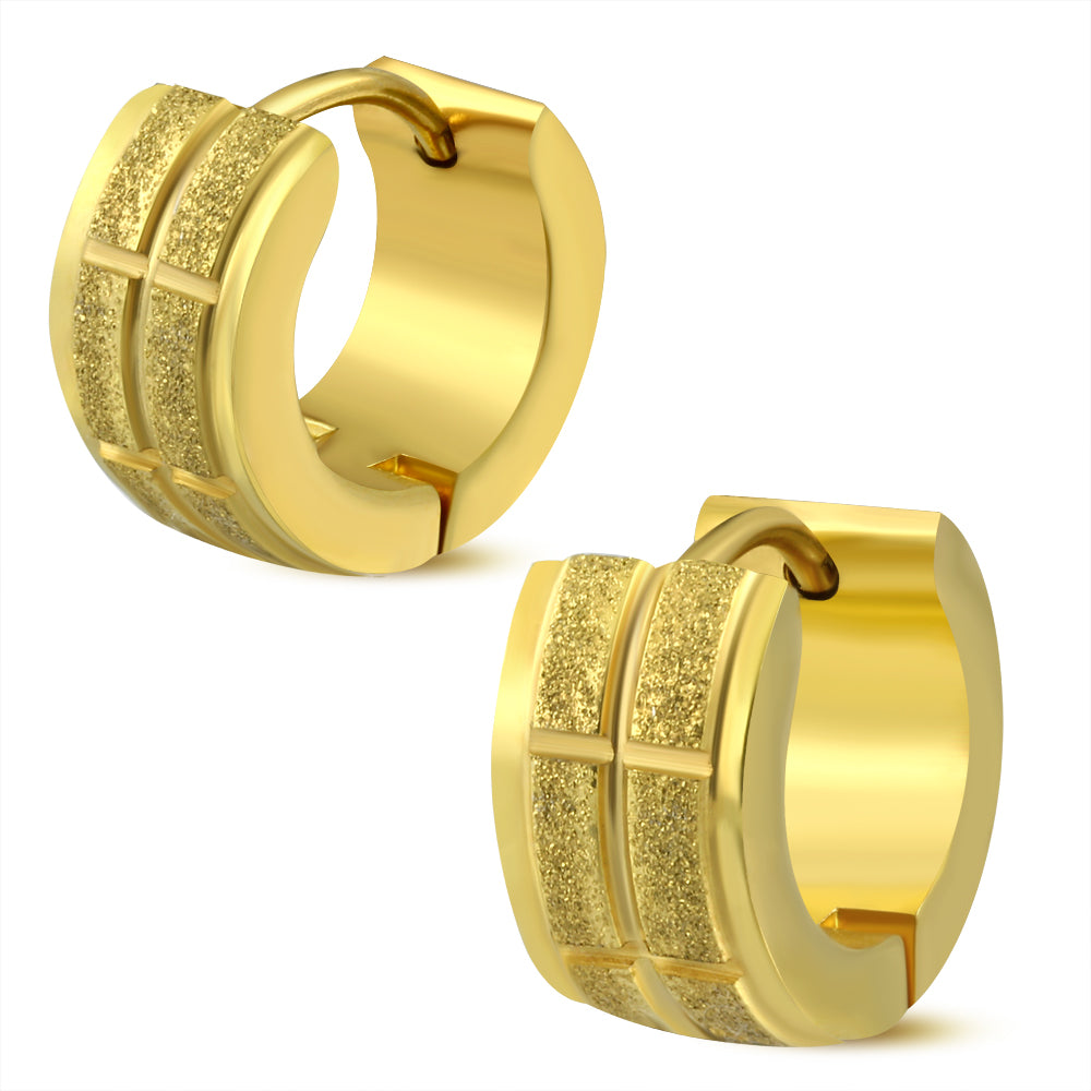 7mm | Gold Color Plated Stainless Steel Sandblasted Cross Step-Edge Hoop Huggie Earrings (pair)