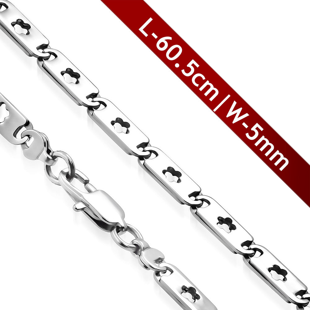L60.5cm W5mm | Stainless Steel Lobster Claw Clasp Cut-out Flower Flat Oval Tag Link Chain