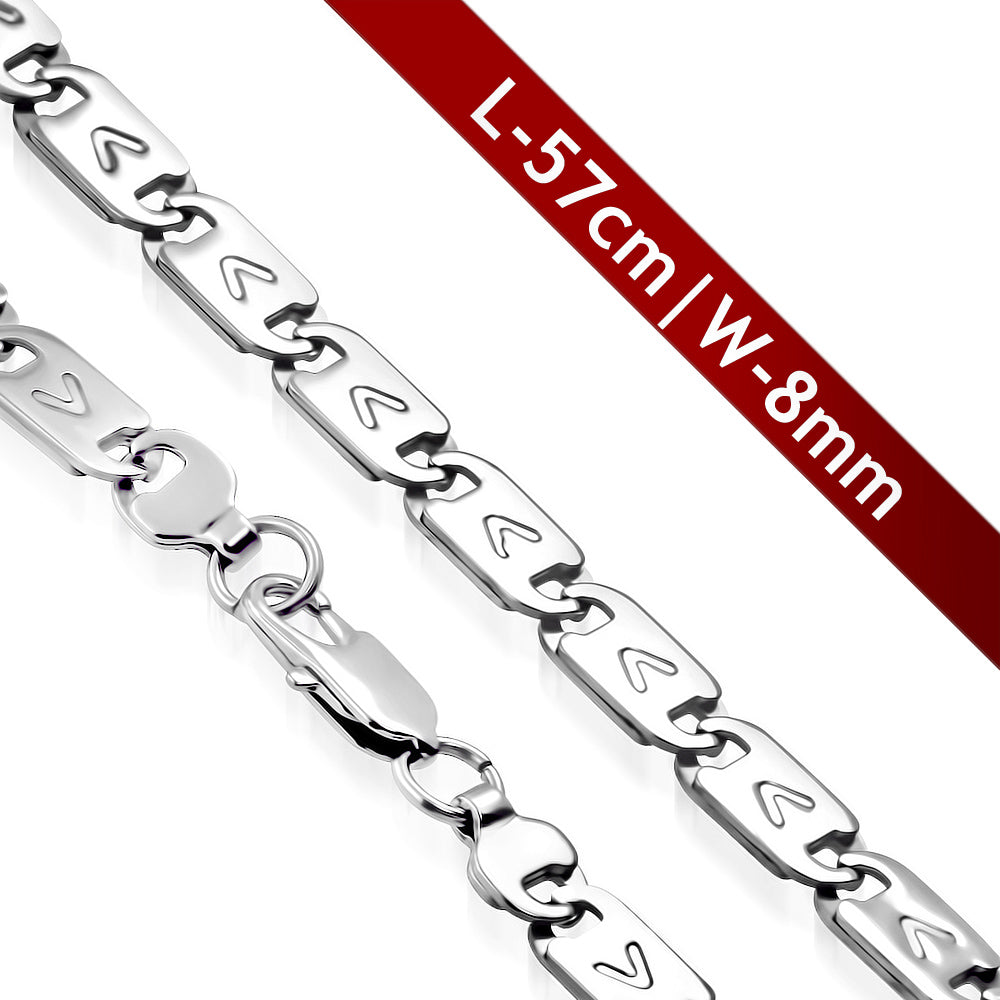 L57cm W8mm | Stainless Steel Lobster Claw Clasp Alphabet V Flat Oval Tag Link Chain