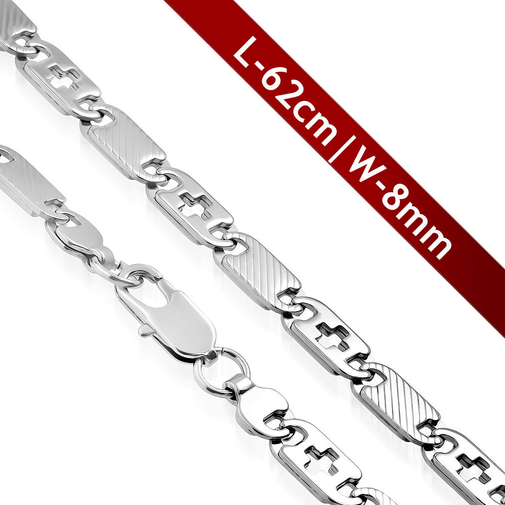 L62cm W8mm | Stainless Steel Lobster Claw Clasp Cut-out Cross Diagonal Oval Tag Link Chain