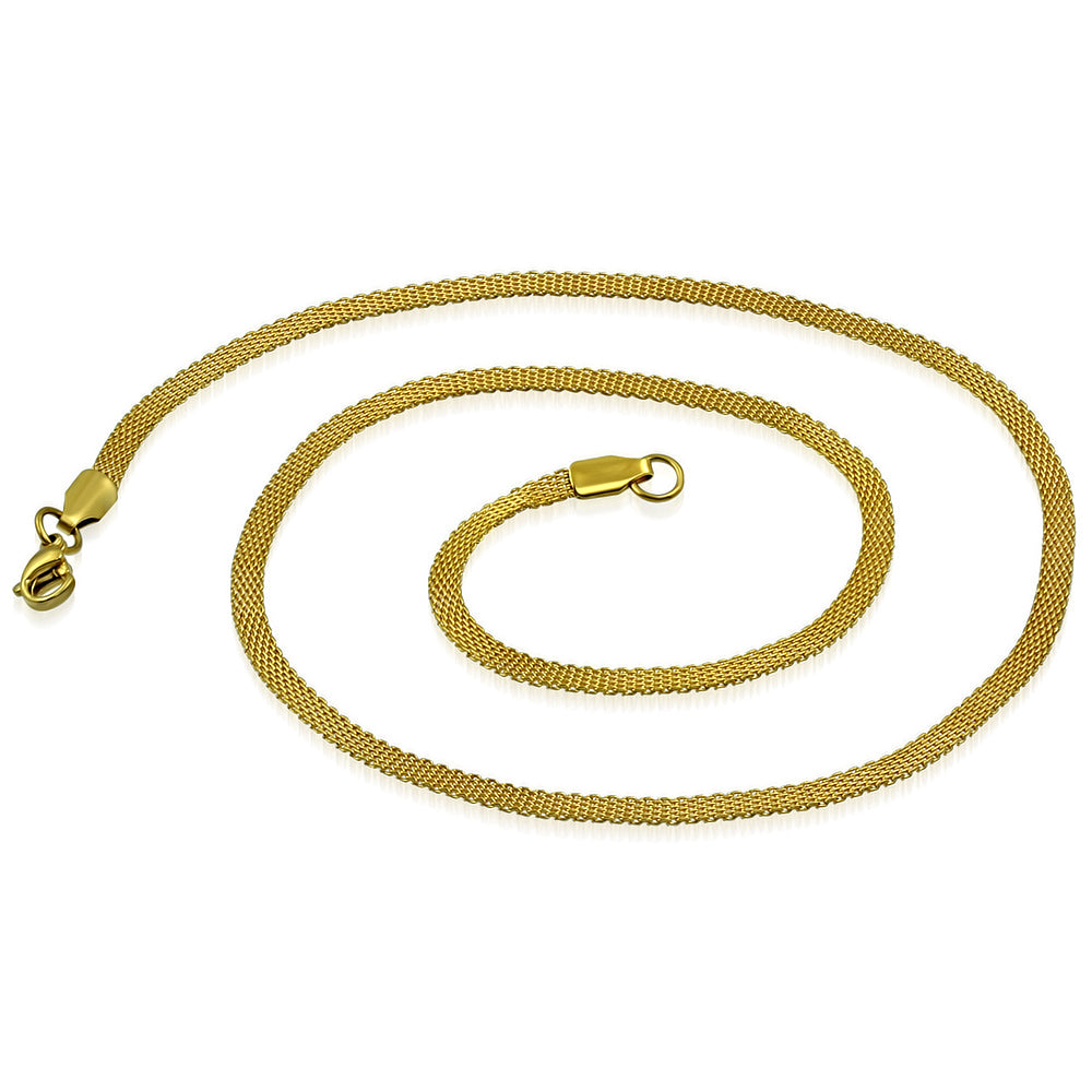 L46cm W3mm | Gold Color Plated Stainless Steel Lobster Claw Clasp Flat Mesh Link Chain