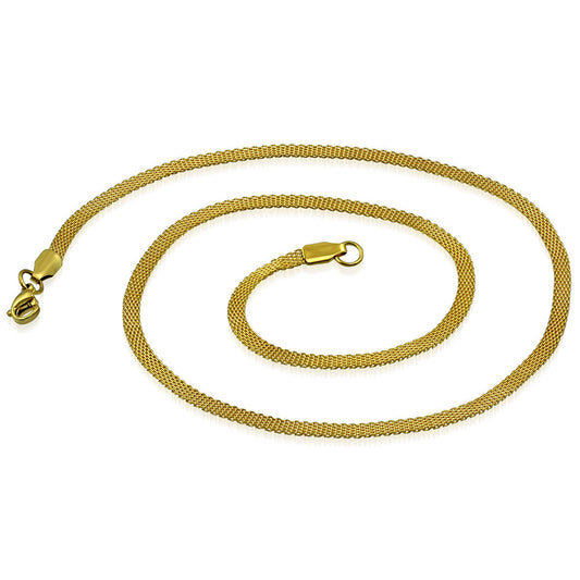 L46cm W3mm | Gold Color Plated Stainless Steel Lobster Claw Clasp Flat Mesh Link Chain