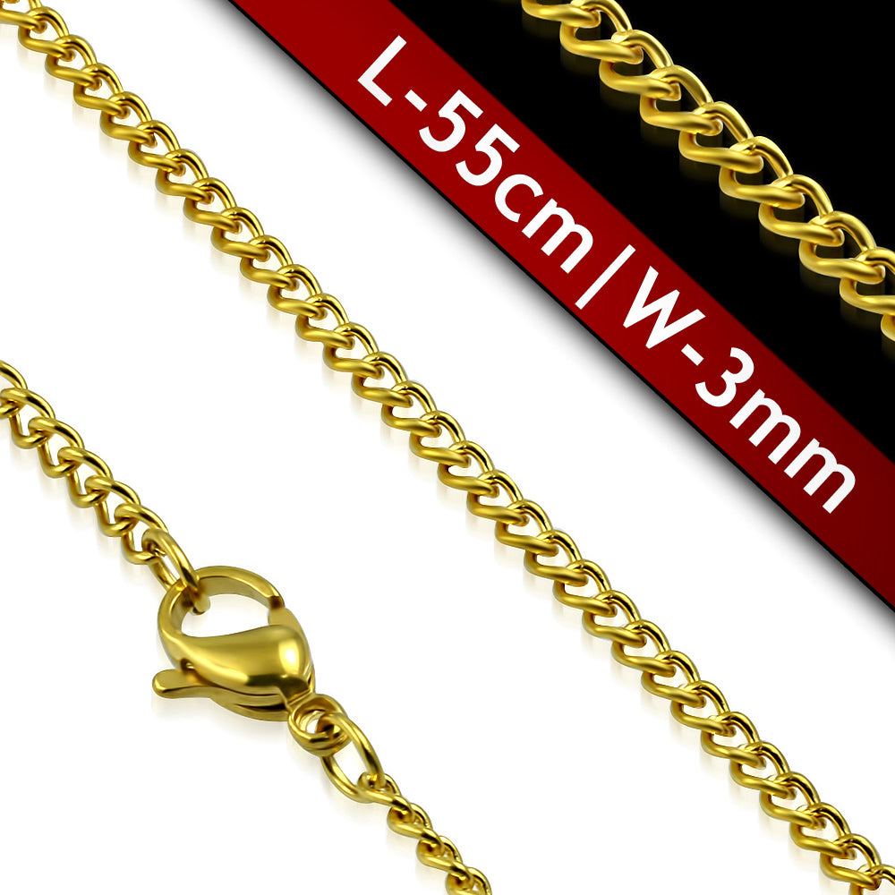 L55cm W3mm | Gold Color Plated Stainless Steel Lobster Claw Clasp Curb Cuban Link Chain