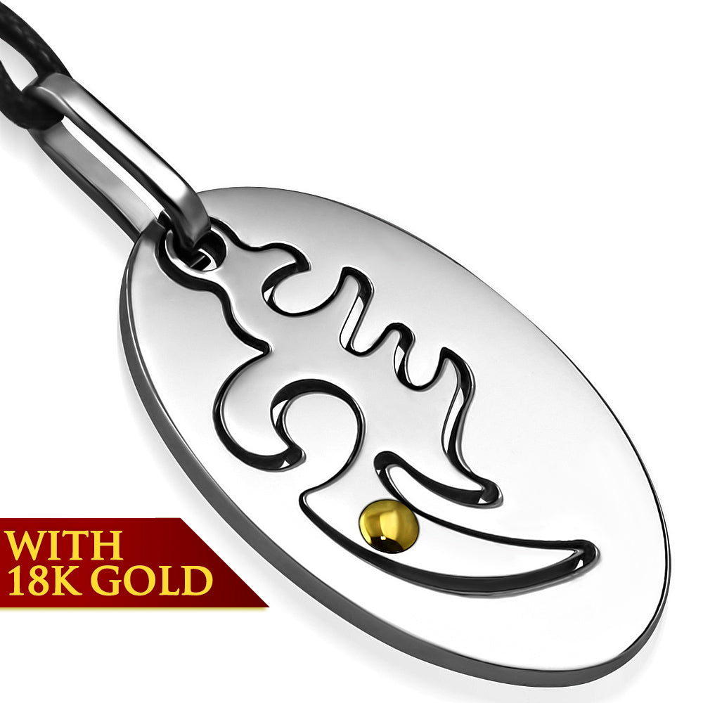 Stainless Steel 2-tone Cut-out Tribal Phoenix Oval Charm Pendant w/ 18 Karats Yellow Gold Adjustable Black String Cord Necklace