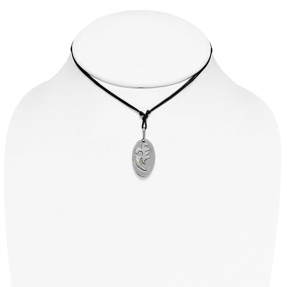 Stainless Steel 2-tone Cut-out Tribal Phoenix Oval Charm Pendant w/ 18 Karats Yellow Gold Adjustable Black String Cord Necklace