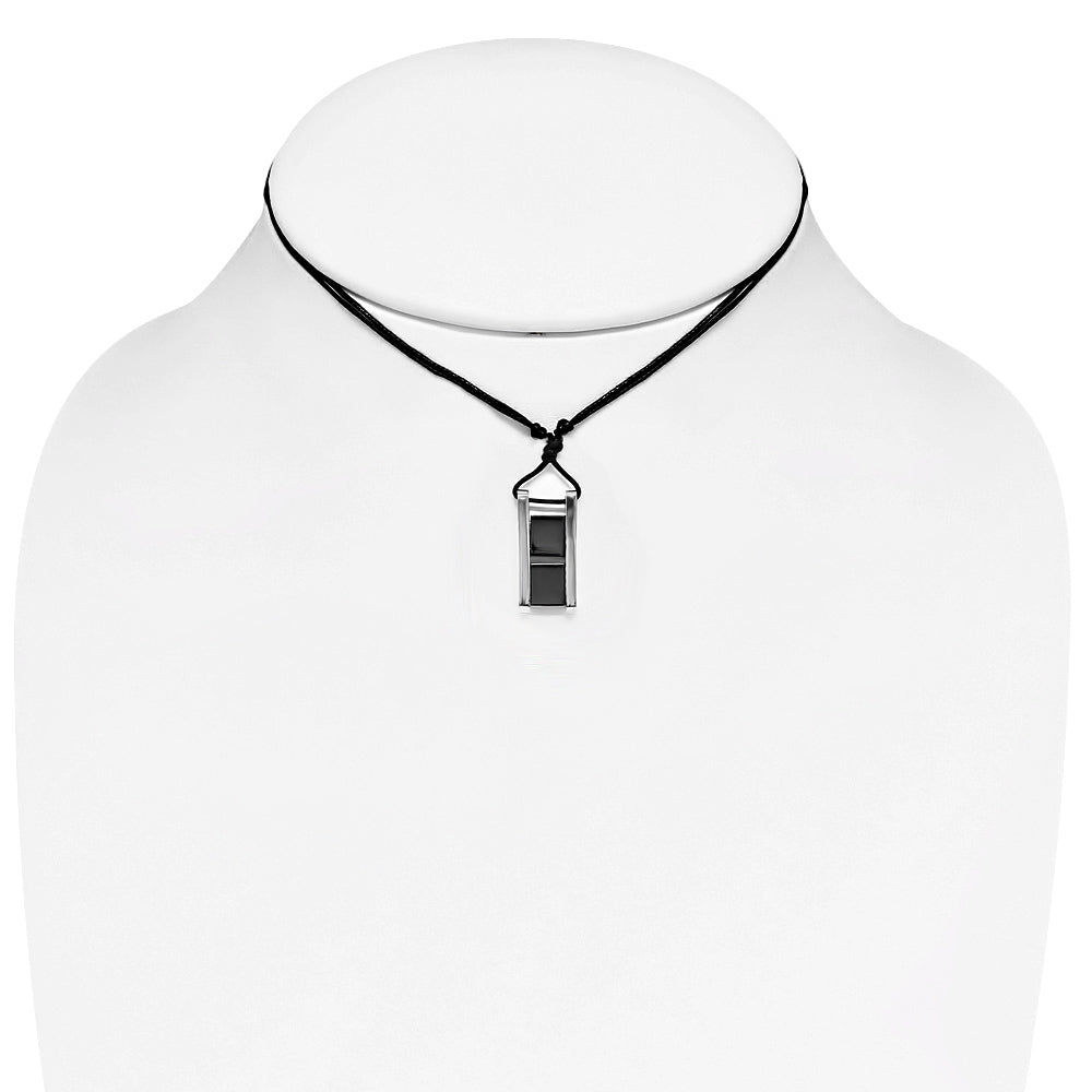 Stainless Steel 2-tone Fancy Tag Charm Pendant Adjustable Black String Cord Necklace