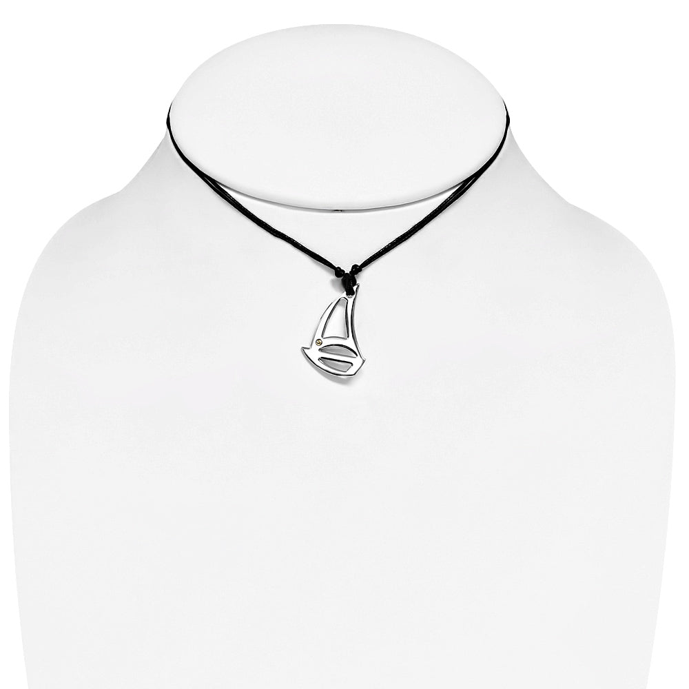 Stainless Steel 2-tone Sail Boat Charm Pendant w/ 18 Karats Yellow Gold Adjustable Black String Cord Necklace