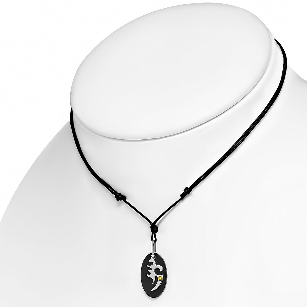 Stainless Steel 3-tone Cut-out Tribal Phoenix Oval Charm Pendant w/ 18 Karats Yellow Gold Adjustable Black String Cord Necklace