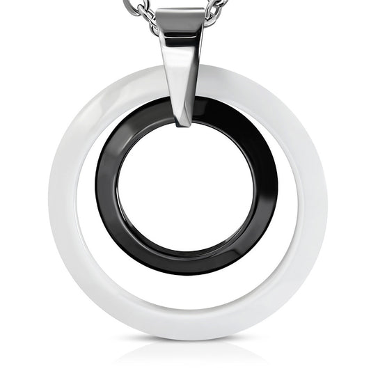 Black White Concentric Ceramic Circle Pendant w/ Stainless Steel