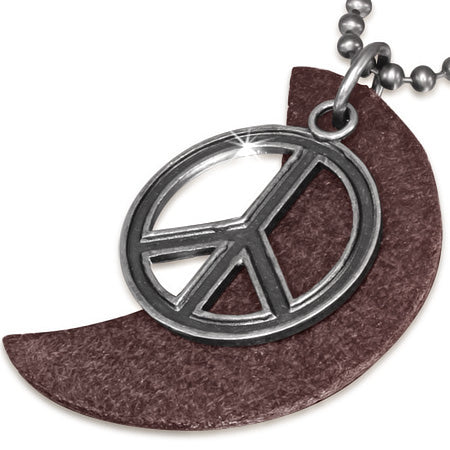 Fashion Alloy Peace Sign Half-Moon Crescent Brown Leather Charm Military Ball Link Chain Biker Necklace