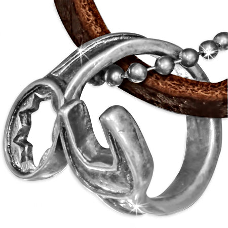 Fashion Alloy Spiral Spanner Wrench Tool Charm Military Ball Link Chain Brown Leather Necklace