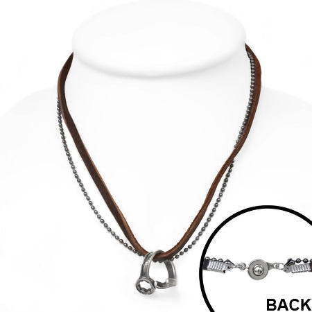 Fashion Alloy Spiral Spanner Wrench Tool Charm Military Ball Link Chain Brown Leather Necklace