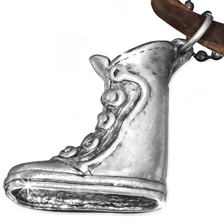 Fashion Alloy Cowboy Boot Charm Military Ball Link Chain Brown Leather Necklace