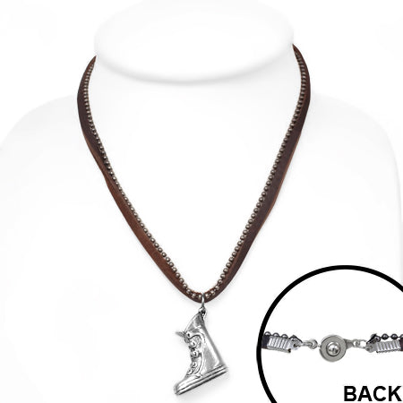 Fashion Alloy Cowboy Boot Charm Military Ball Link Chain Brown Leather Necklace