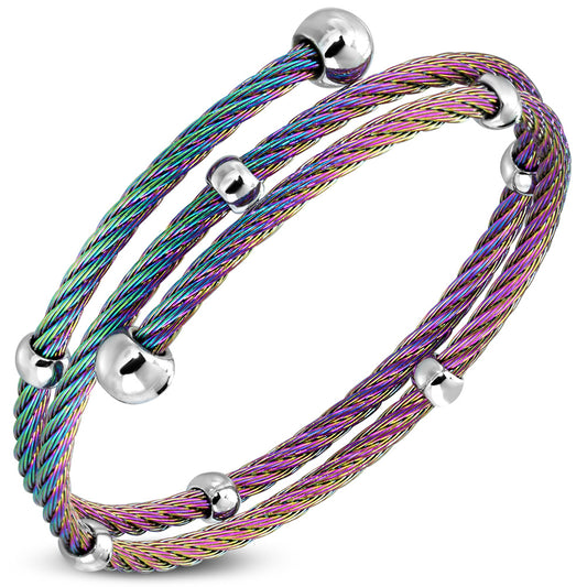 Anodized Stainless Steel Multi Wrap Beads Twisted Cable Wire Cuff Bangle
