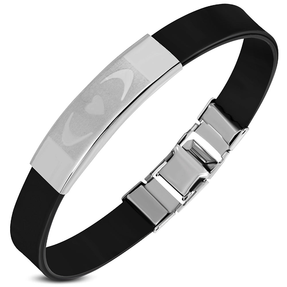 Black Rubber Bracelet w/ Stainless Steel Half-Moon Crescent Heart Watcy Style