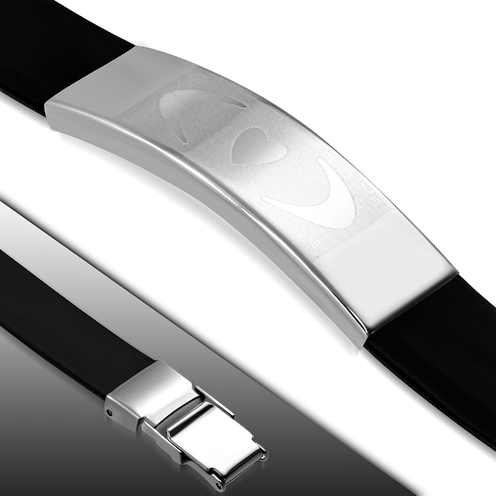 Black Rubber Bracelet w/ Stainless Steel Half-Moon Crescent Heart Watcy Style