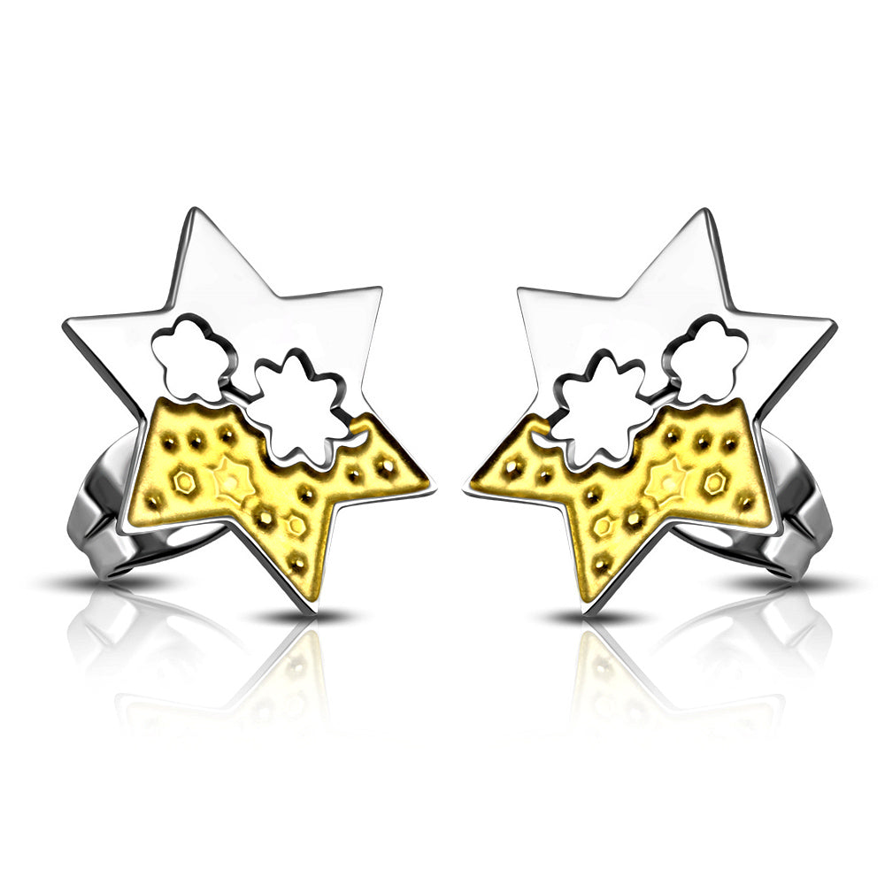 Stainless Steel 2-tone Cut-out Flower Star Stud Earrings (pair)