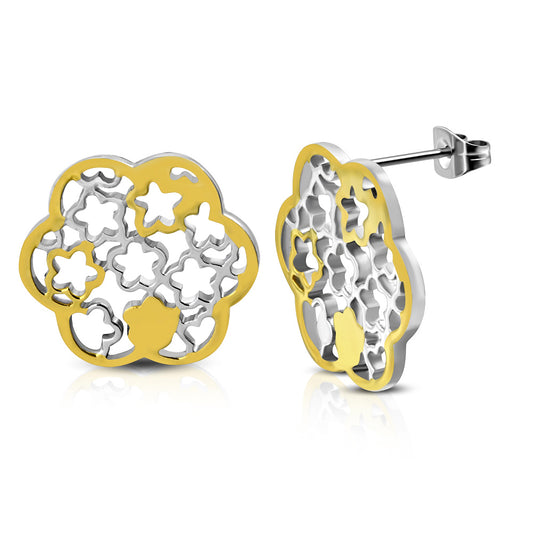 Stainless Steel 2-tone Cut-out Flower Stud Earrings (pair)