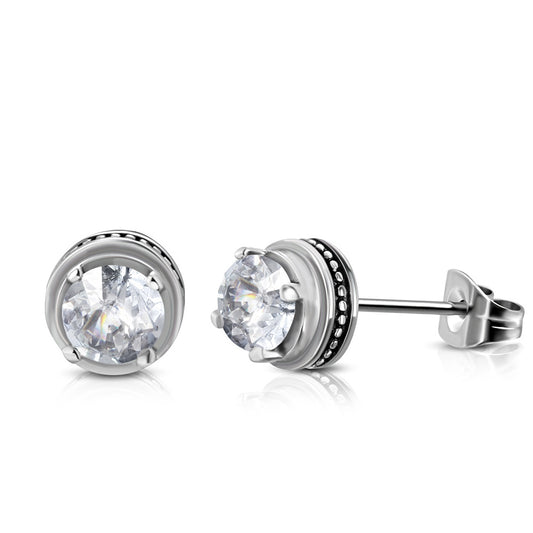 Stainless Steel 2-tone Bali-Inspired Round Circle Stud Earrings w/ Clear CZ (pair)