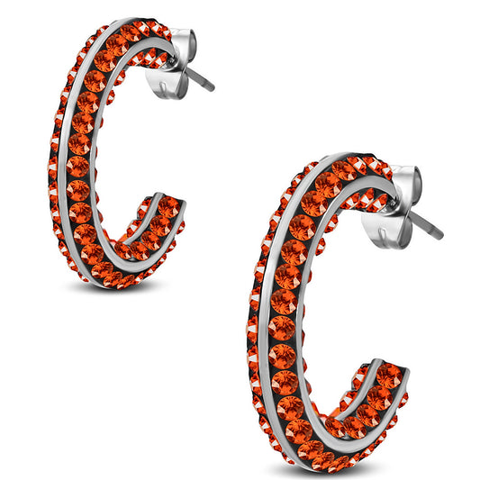 3mm | Stainless Steel Half-Hoop Stud Earrings w/ Fire Opal Orange CZ (pair)