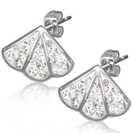 Stainless Steel Chinese Fan Stud Earrings w/ Clear CZ (pair)