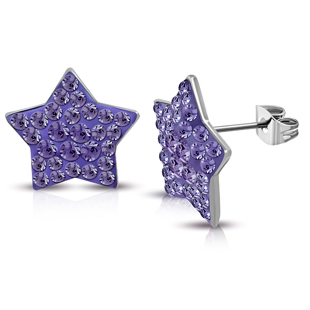 Stainless Steel Pave-Set Star Stud Earrings w/ Purple/ Violet CZ (pair)