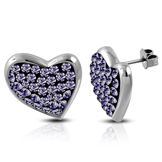 Stainless Steel Pave-Set Love Heart Stud Earrings w/ Light Purple/ Violet CZ (pair)