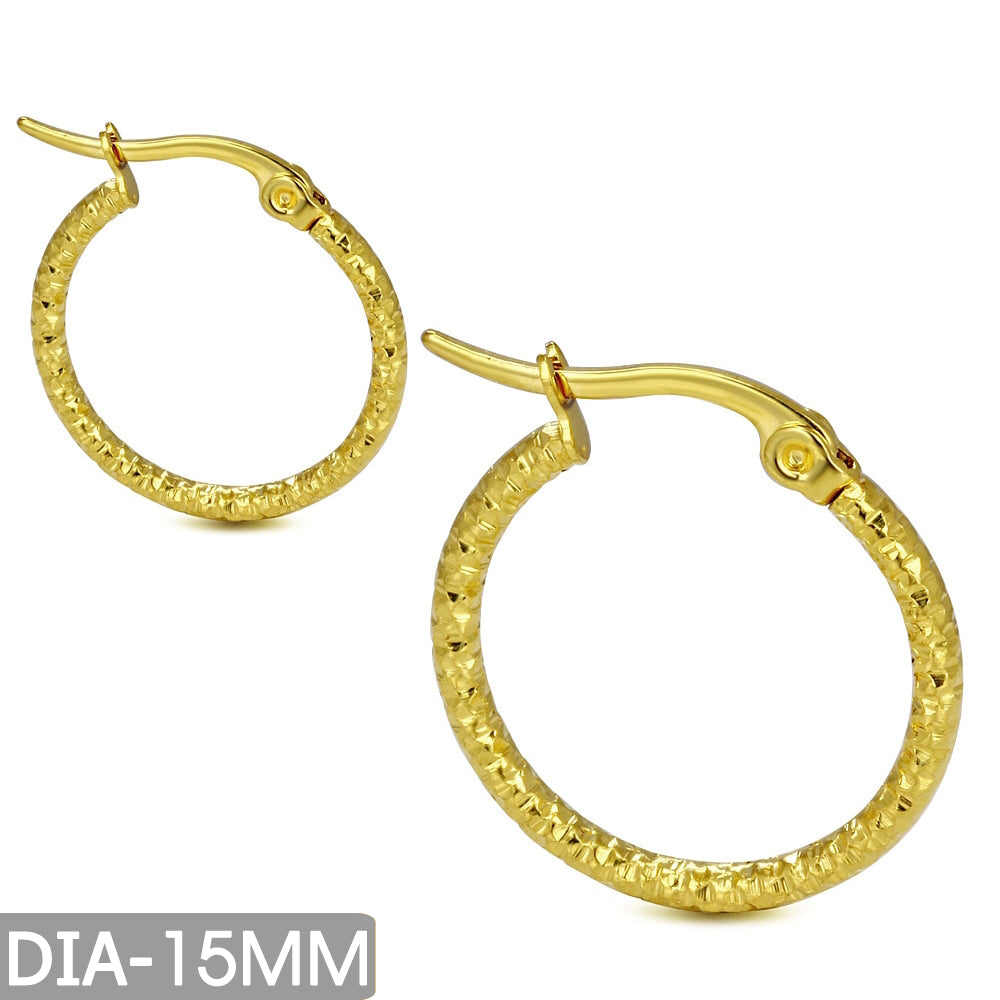 DIA-15MM | Gold Color Plated Stainless Steel Hammered Finished Hoop Clip Back Earrings (pair)