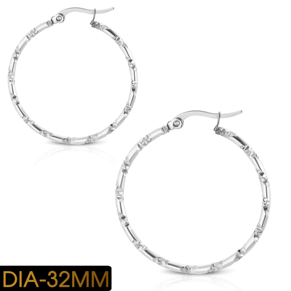 DIA-32MM | Stainless Steel Bamboo Style Hoop Clip Back Earrings (pair)