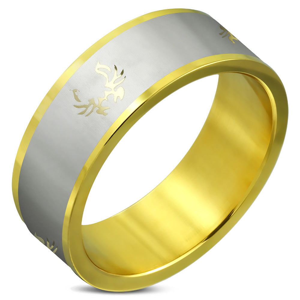 8mm | Gold Color Plated Stainless Steel 2-tone Tribal Design Flat Band Ring