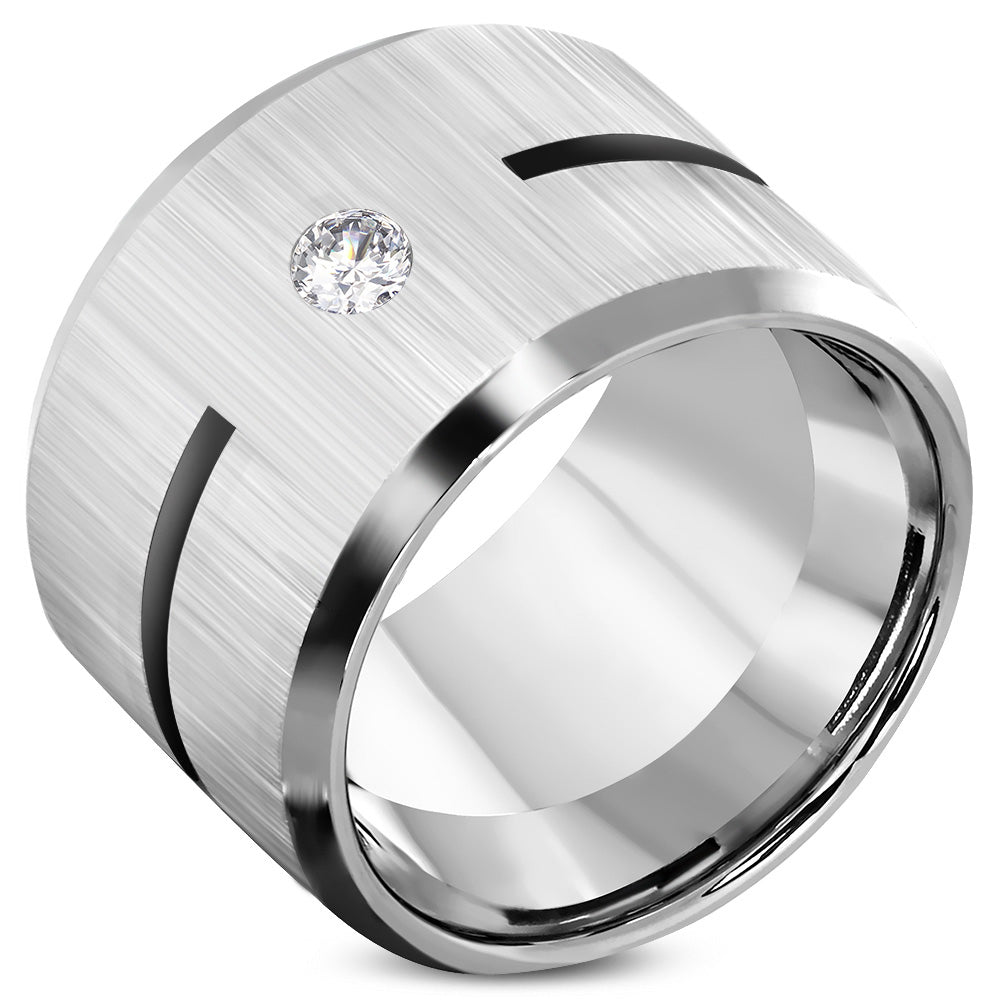 Stainless Steel Satin Finished  Beveled Edge Comfort Fit Wide Band Ring w/ Clear CZ