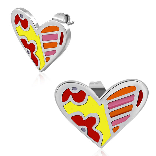 Stainless Steel Enameled Colorful Flower Love Heart Stud Earrings (pair)