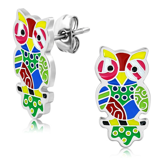 Stainless Steel Enameled Colorful Geometric Owl Stud Earrings (pair) | CRCT