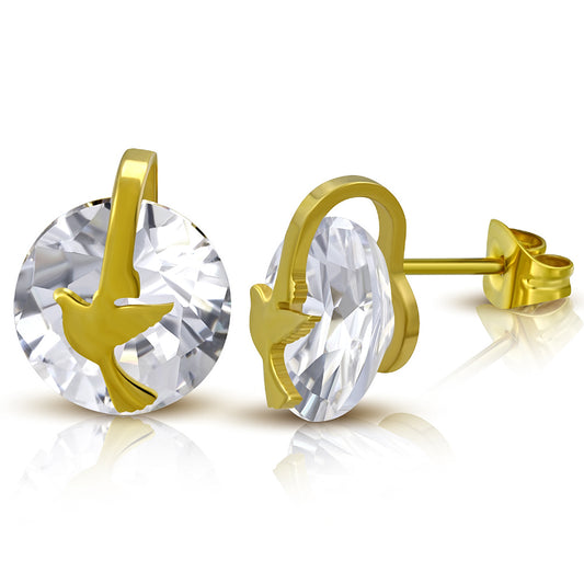 Gold Color Plated Stainless Steel Dove Bird Stud Earrings w/ Clear CZ (pair) | CRCT