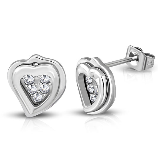 Stainless Steel Love Heart Stud Earrings w/ Clear CZ (pair)