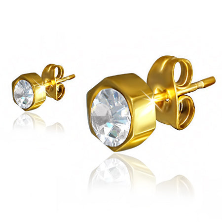 6mm | Gold Color Plated Stainless Steel Hexagon Stud Earrings w/ Clear CZ (pair)