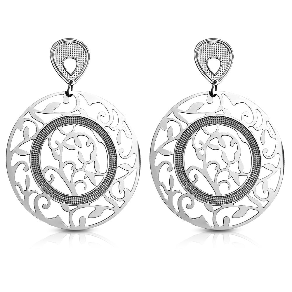 Stainless Steel Cut-out Sirena Flower Vine Circle Drop Stud Earrings (Pair)