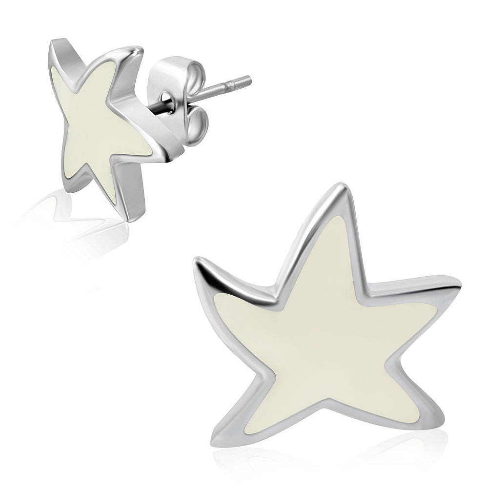 Stainless Steel White/ Cream Enameled Star Stud Earrings (pair)