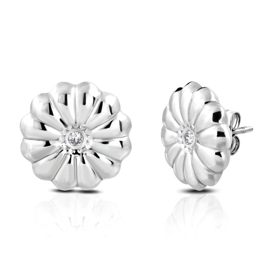 Stainless Steel Round Circle Flower Stud Earrings w/ Clear CZ (Pair)