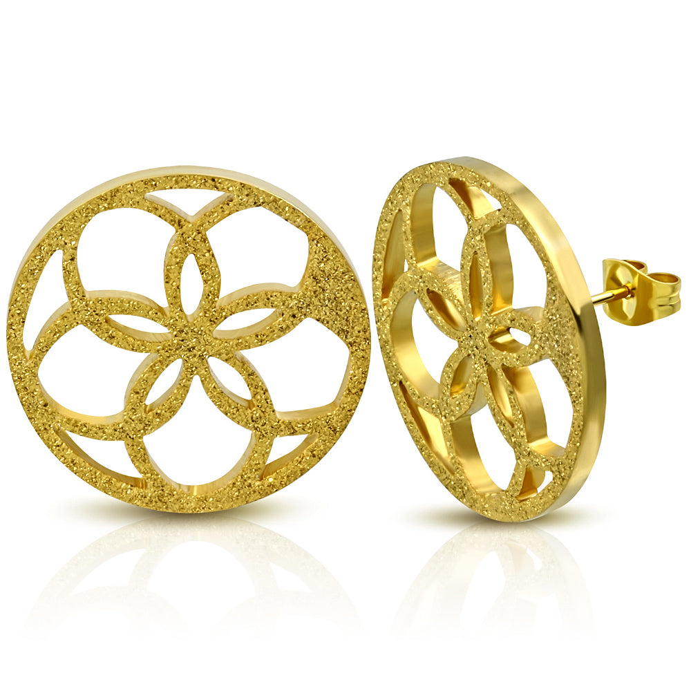 Gold Color Plated Stainless Steel Sandblasted Cut-out Flower Circle Stud Earrings (pair)
